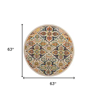 5' Ivory and Blue Round Floral Power Loom Area Rug