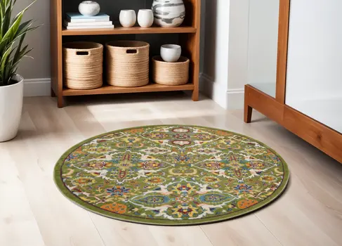 5' Green Yellow Blue and Red Round Floral Power Loom Area Rug