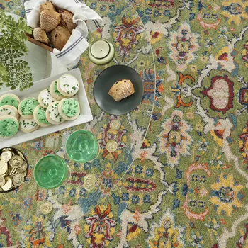 5' Green Yellow Blue and Red Round Floral Power Loom Area Rug