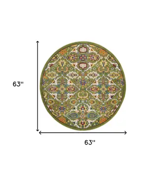 5' Green Yellow Blue and Red Round Floral Power Loom Area Rug