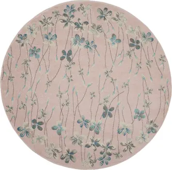 5' Pink Gray and Blue Botanical Leaves Round Rug