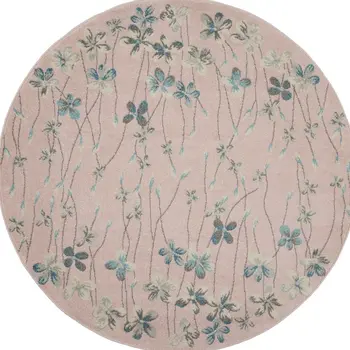5' Pink Gray and Blue Botanical Leaves Round Rug