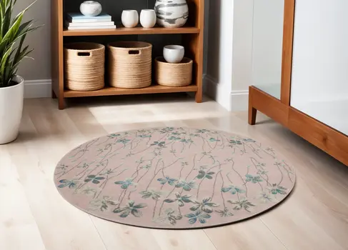 5' Pink Gray and Blue Botanical Leaves Round Rug