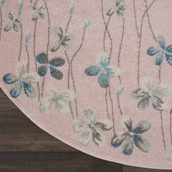 5' Pink Gray and Blue Botanical Leaves Round Rug