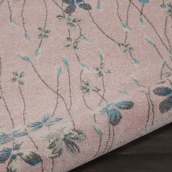 5' Pink Gray and Blue Botanical Leaves Round Rug