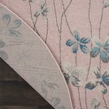 5' Pink Gray and Blue Botanical Leaves Round Rug