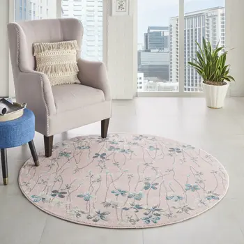 5' Pink Gray and Blue Botanical Leaves Round Rug