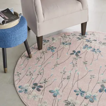 5' Pink Gray and Blue Botanical Leaves Round Rug