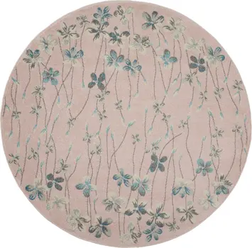 5' Pink Gray and Blue Botanical Leaves Round Rug
