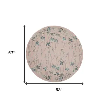 5' Pink Gray and Blue Botanical Leaves Round Rug