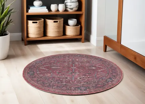 5' Red Round Floral Power Loom Distressed Area Rug