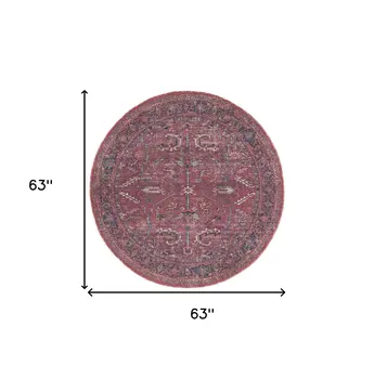 5' Red Round Floral Power Loom Distressed Area Rug