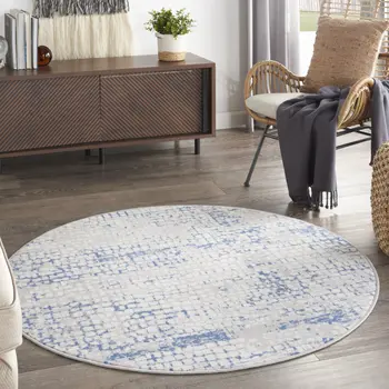 5' Ivory Blue and Gray Abstract Round Rug