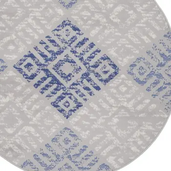 5' Ivory and Blue Abstract Geometric Distressed Round Rug