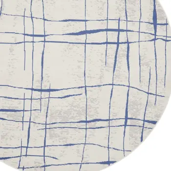 5' Ivory and Blue Abstract Geometric Distressed Round Rug