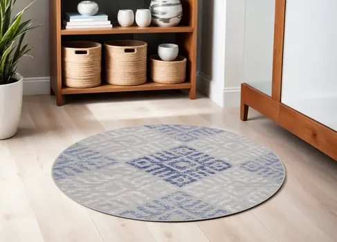 5' Beige Blue and Gray Geometric Round Rug