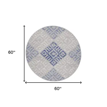 5' Beige Blue and Gray Geometric Round Rug