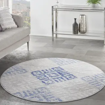 5' Beige Blue and Gray Geometric Round Rug