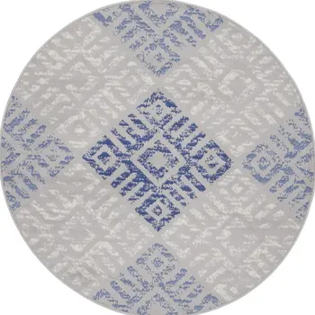 5' Beige Blue and Gray Geometric Round Rug