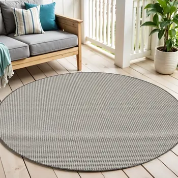 5' Ivory And Charcoal Round Geometric Indoor Outdoor Area Rug