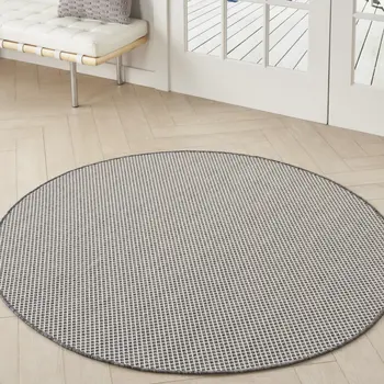 5' Ivory And Charcoal Round Geometric Indoor Outdoor Area Rug