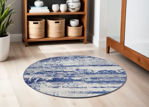 5' Ivory and Navy Blue Abstract Round Rug