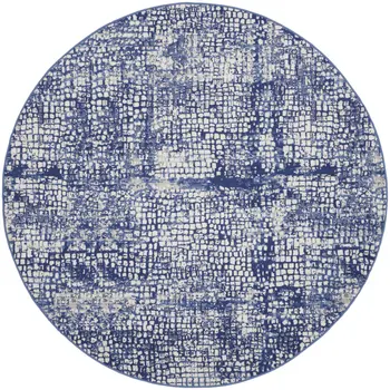 5' Ivory and Navy Blue Abstract Round Rug