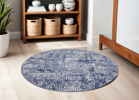 5' Ivory and Navy Blue Abstract Round Rug