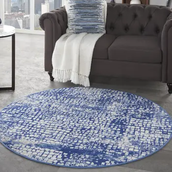 5' Ivory and Navy Blue Abstract Round Rug