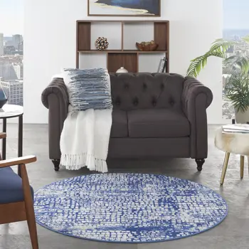 5' Ivory and Navy Blue Abstract Round Rug