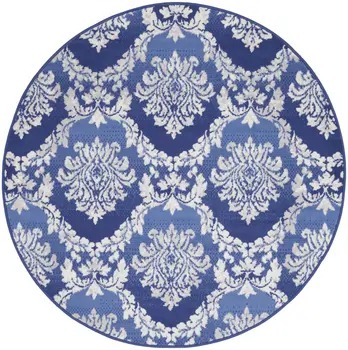 5' Ivory and Blue Damask Distressed Round Rug