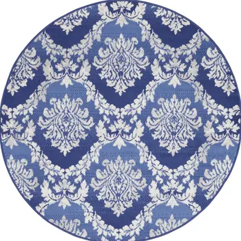 5' Ivory and Blue Damask Distressed Round Rug