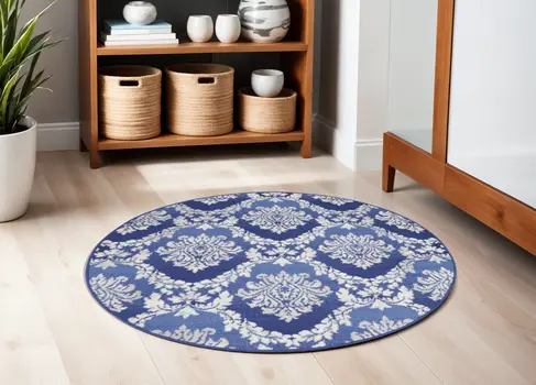 5' Ivory and Blue Damask Distressed Round Rug