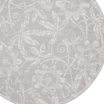 5' Ivory and Blue Damask Distressed Round Rug