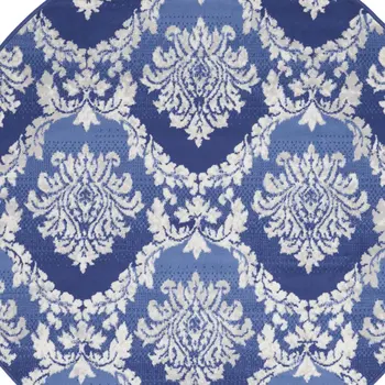 5' Ivory and Blue Damask Distressed Round Rug