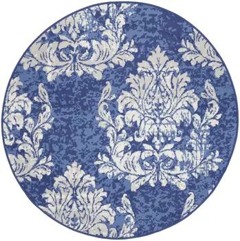 5' Navy Blue and Ivory Damask Distressed Round Rug