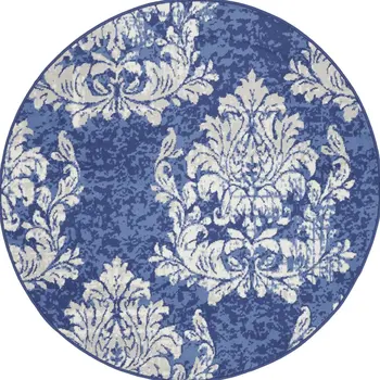 5' Navy Blue and Ivory Damask Distressed Round Rug