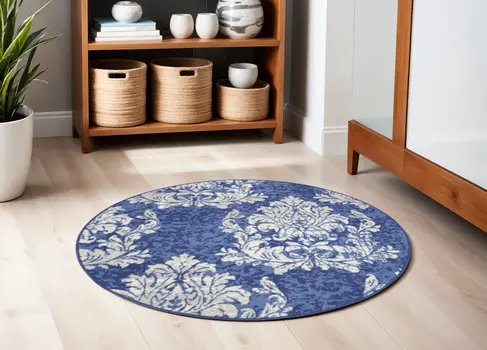 5' Navy Blue and Ivory Damask Distressed Round Rug