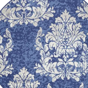 5' Navy Blue and Ivory Damask Distressed Round Rug