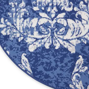 5' Navy Blue and Ivory Damask Distressed Round Rug