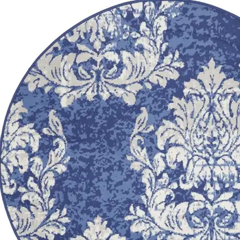 5' Navy Blue and Ivory Damask Distressed Round Rug