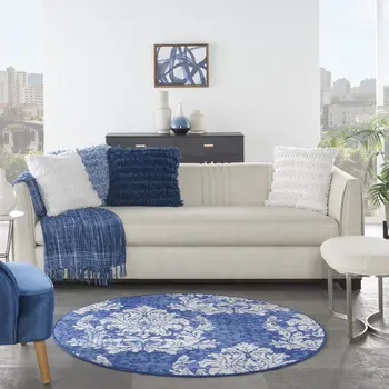 5' Navy Blue and Ivory Damask Distressed Round Rug
