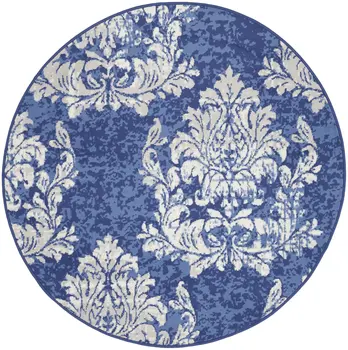 5' Navy Blue and Ivory Damask Distressed Round Rug