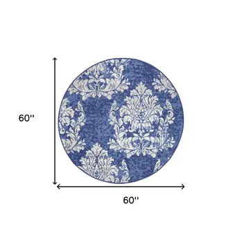 5' Navy Blue and Ivory Damask Distressed Round Rug
