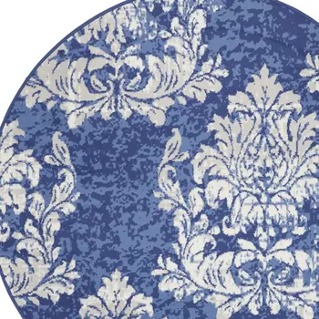 5' Navy Blue and Ivory Damask Distressed Round Rug