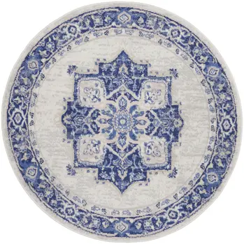 5' Ivory and Blue Floral Round Rug