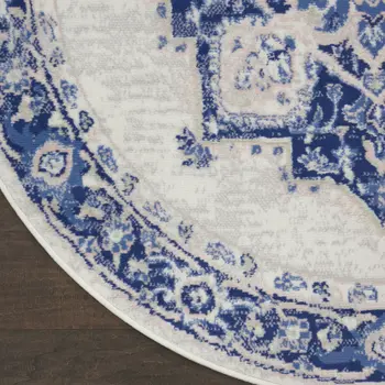5' Ivory and Blue Floral Round Rug
