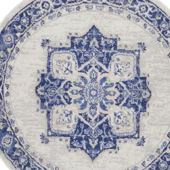 5' Ivory and Blue Floral Round Rug