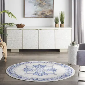5' Ivory and Blue Floral Round Rug