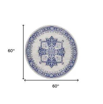 5' Ivory and Blue Floral Round Rug